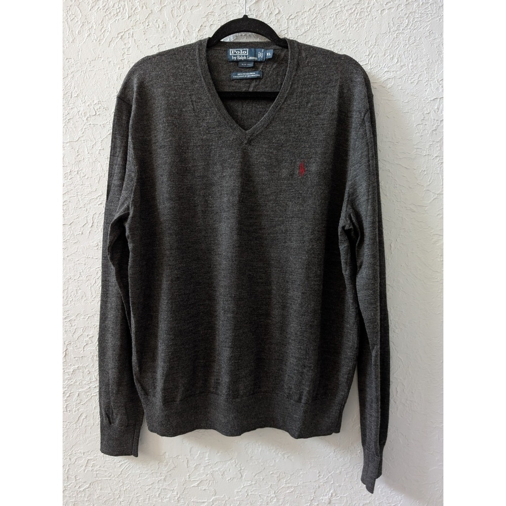 Polo Ralph Lauren V-Neck Sweater Mens XL Merino Wool Gray Slim Fit Italian Yarn